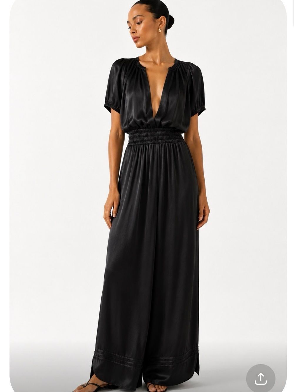 ANTHROPOLOGIE Somerset Satin Black Deep-V Wide Leg Jumpsuit Size Medium